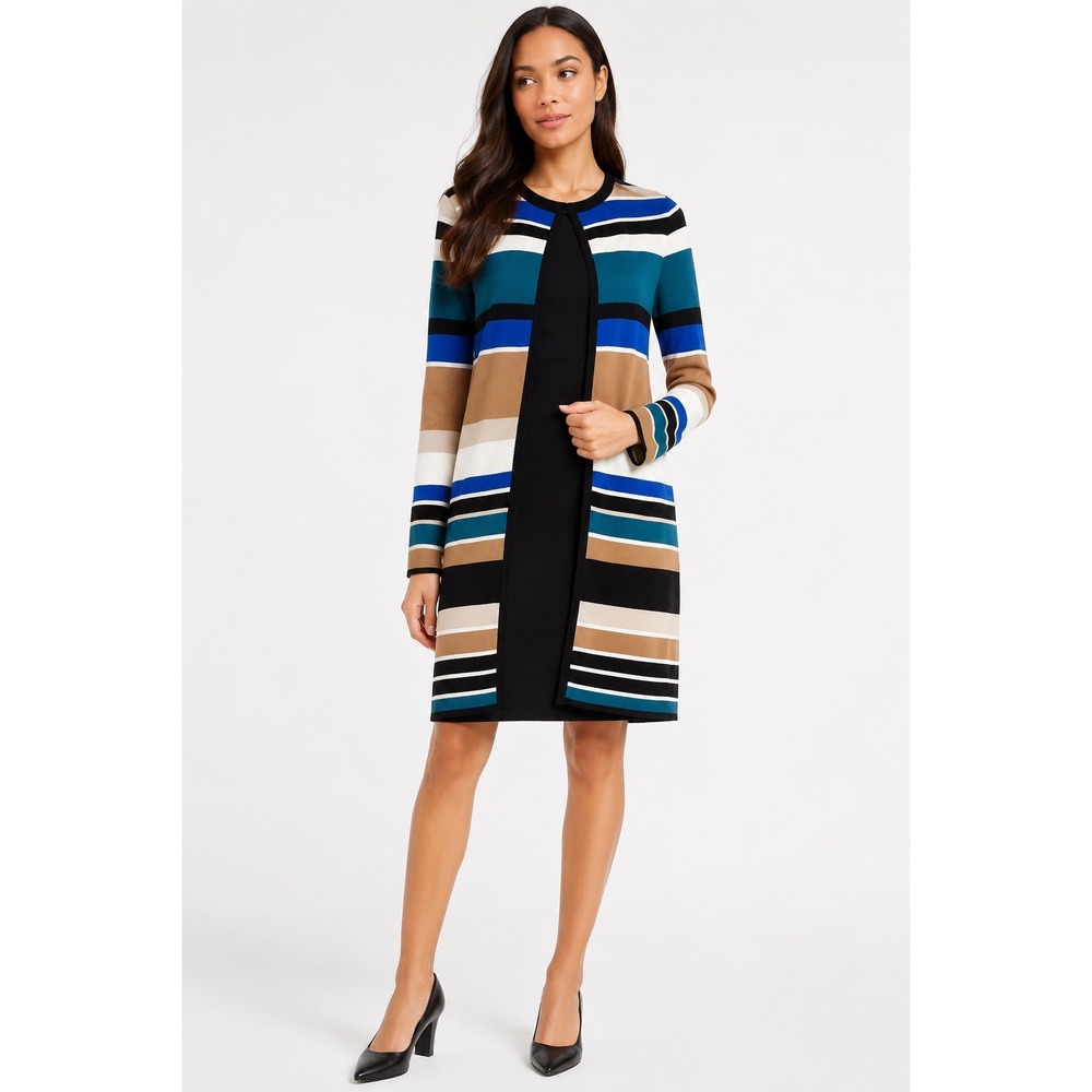 Calvin Klein Striped Longline Open Front Cardigan Blue‎ Tan Black 1X